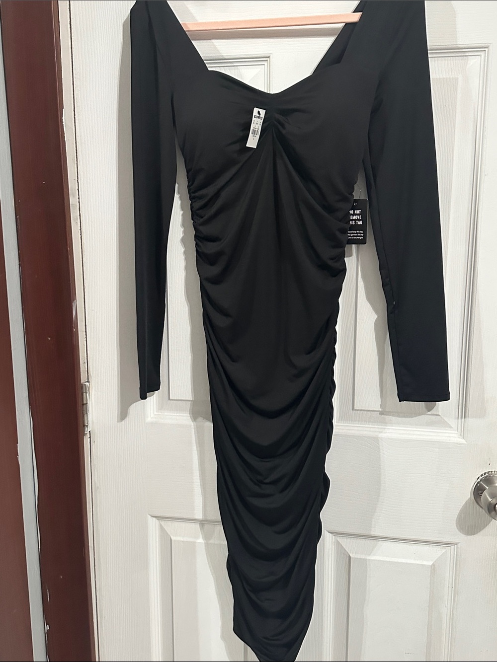 Express Black Ruched Long-Sleeve Bodycon Dress